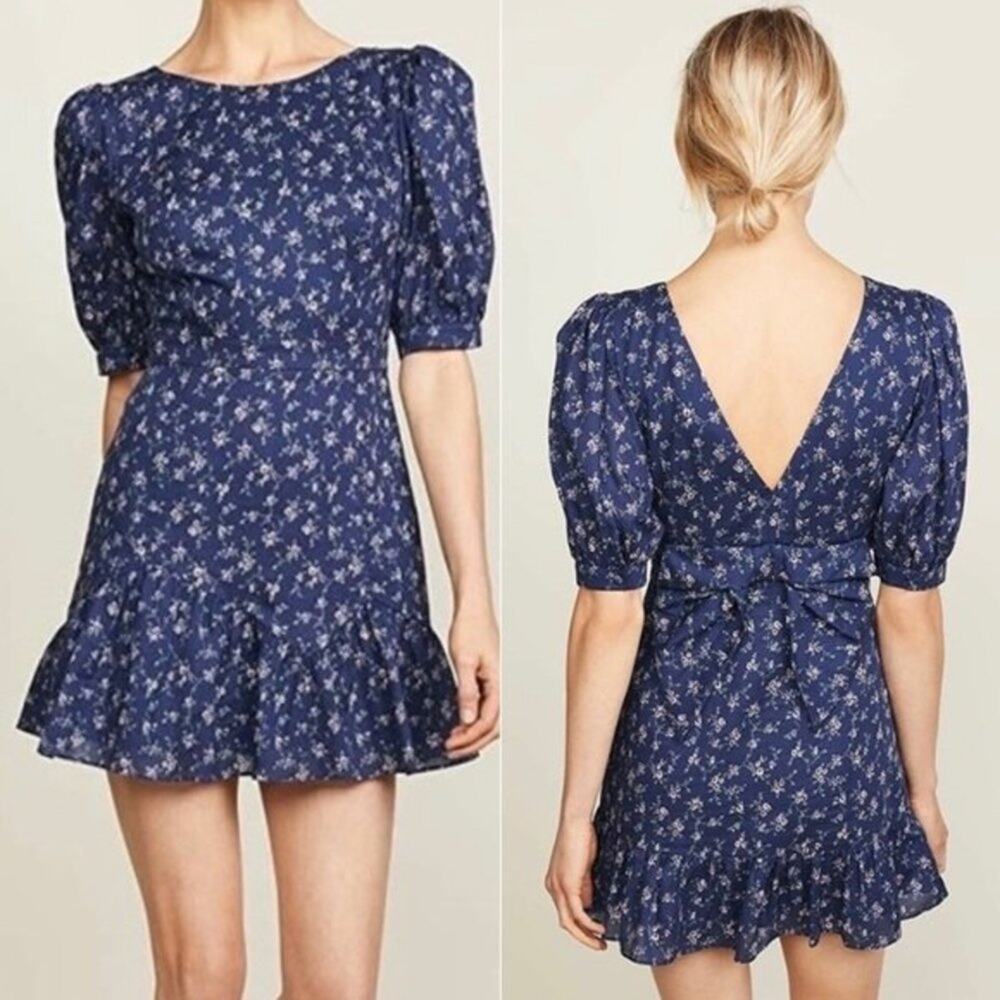LoveShackFancy Eventide Blue Lena Dress Floral Cotton Mini Size XS